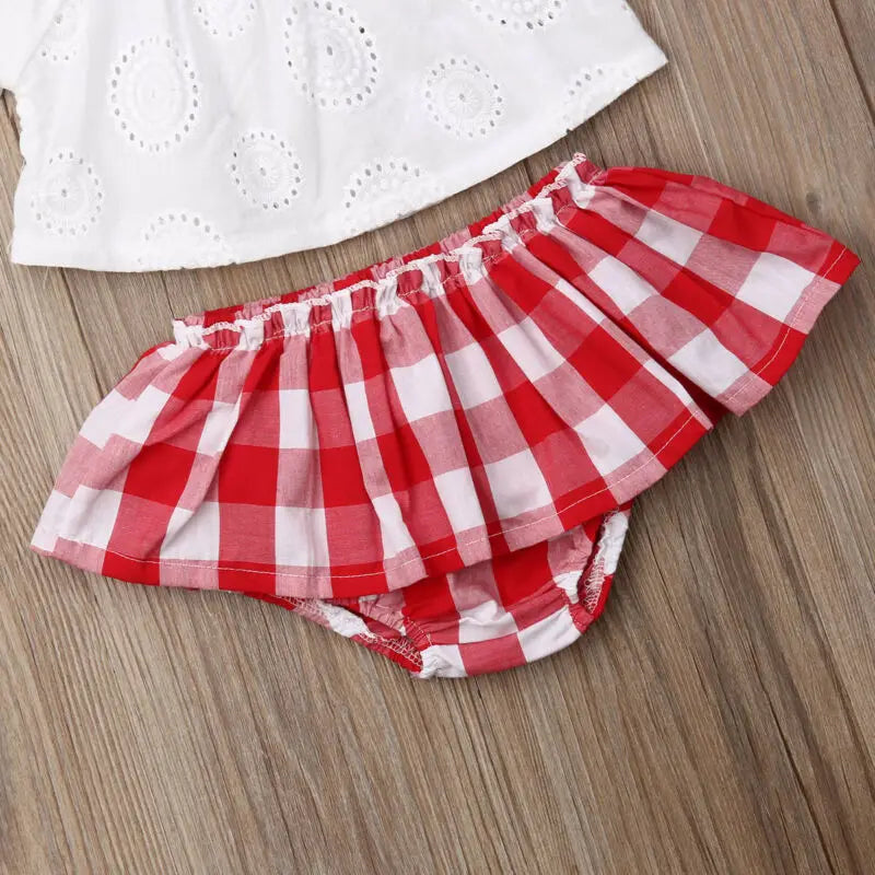 3Pcs Set 0-24M Newborn Baby Girl Clothes Cute Summer off Shoulder Lace Tops+ Red Plaid Short Dress Headband Outfit