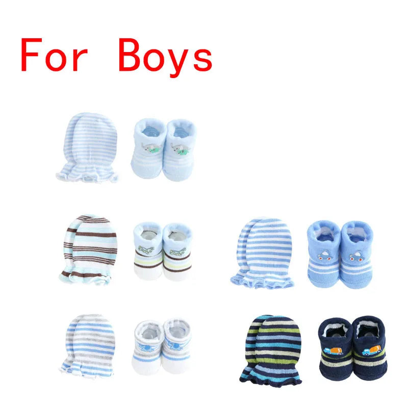 New Cute Cartoon Baby Socks + Gloves Striped Dot Baby Socks Set