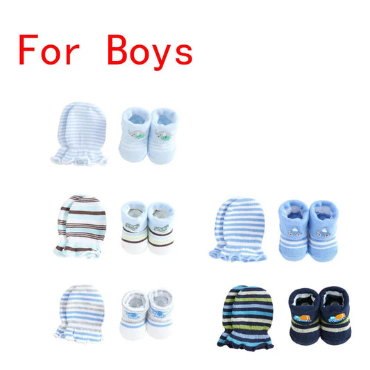 New Cute Cartoon Baby Socks + Gloves Striped Dot Baby Socks Set