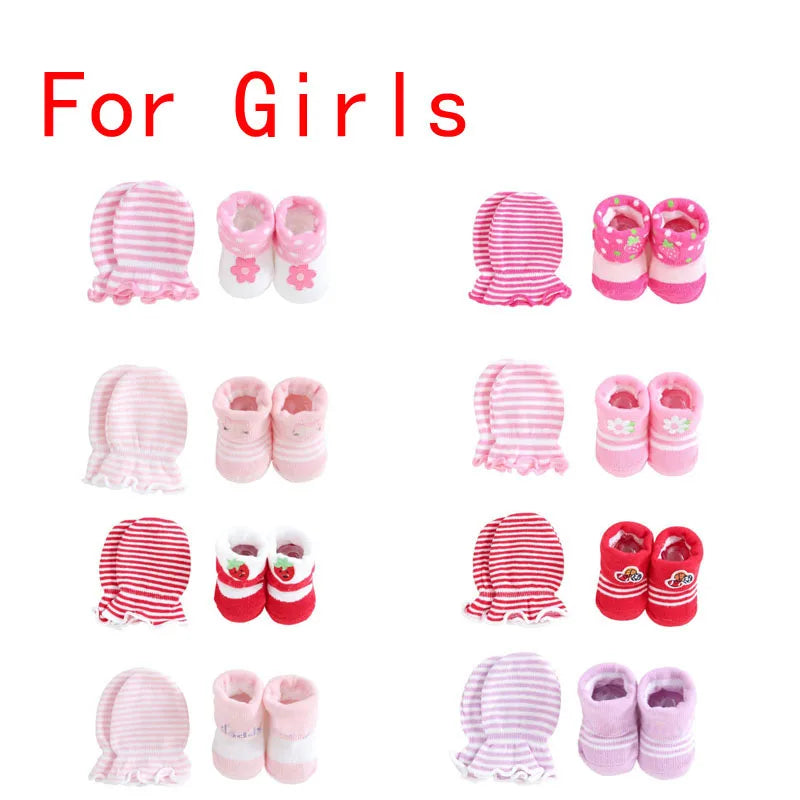 New Cute Cartoon Baby Socks + Gloves Striped Dot Baby Socks Set