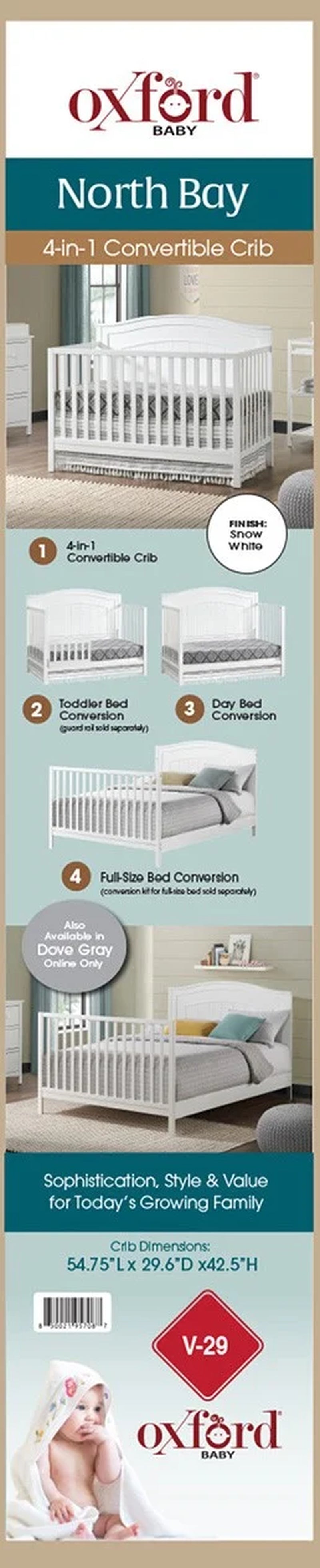 North Bay 4-In-1 Convertible Crib, Snow White, GREENGUARD Gold Certified, Wooden Crib