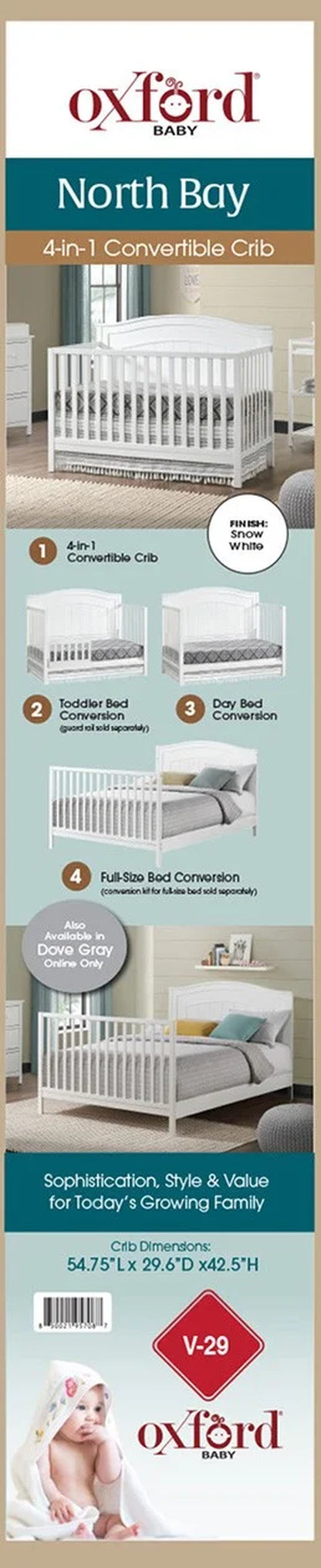 North Bay 4-In-1 Convertible Crib, Snow White, GREENGUARD Gold Certified, Wooden Crib