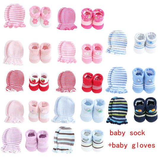 New Cute Cartoon Baby Socks + Gloves Striped Dot Baby Socks Set