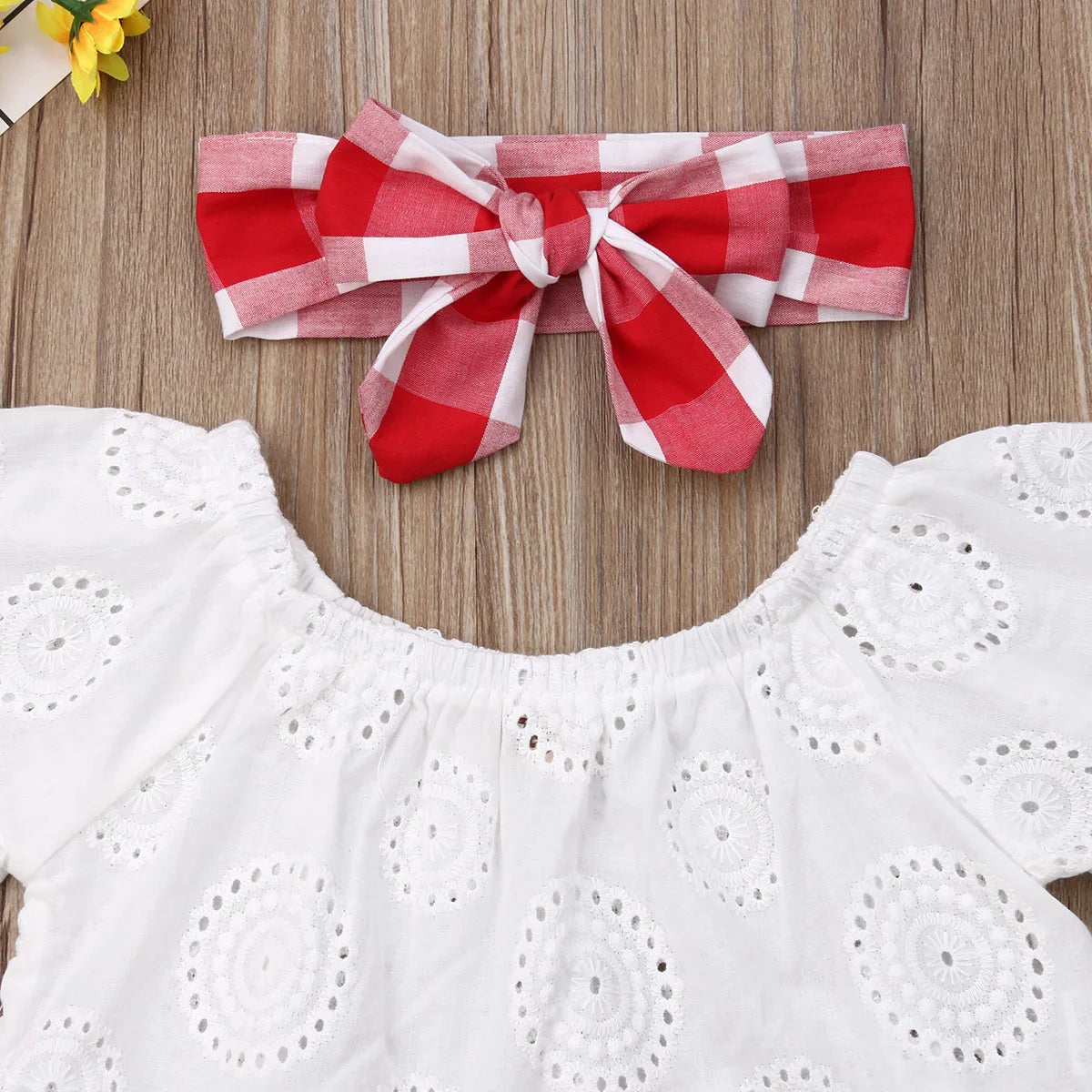 3Pcs Set 0-24M Newborn Baby Girl Clothes Cute Summer off Shoulder Lace Tops+ Red Plaid Short Dress Headband Outfit