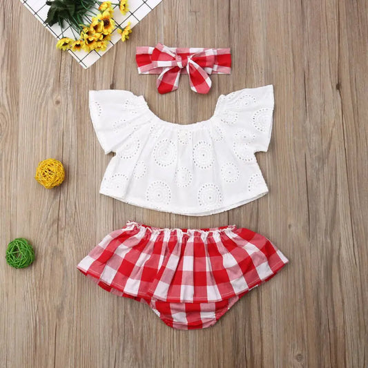 3Pcs Set 0-24M Newborn Baby Girl Clothes Cute Summer off Shoulder Lace Tops+ Red Plaid Short Dress Headband Outfit