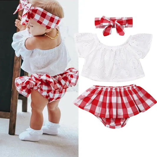 3Pcs Set 0-24M Newborn Baby Girl Clothes Cute Summer off Shoulder Lace Tops+ Red Plaid Short Dress Headband Outfit
