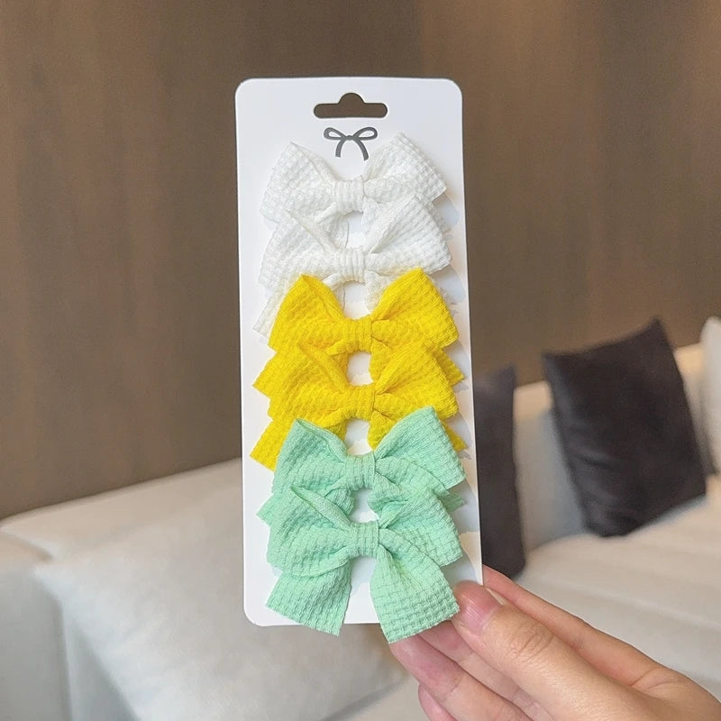 6PCS Soft Cotton Bow Hairpin Girl Sweet Plaid Design Hairpin Color Block Delicate Hairgripe Barrettes Kawaii Child Accessories