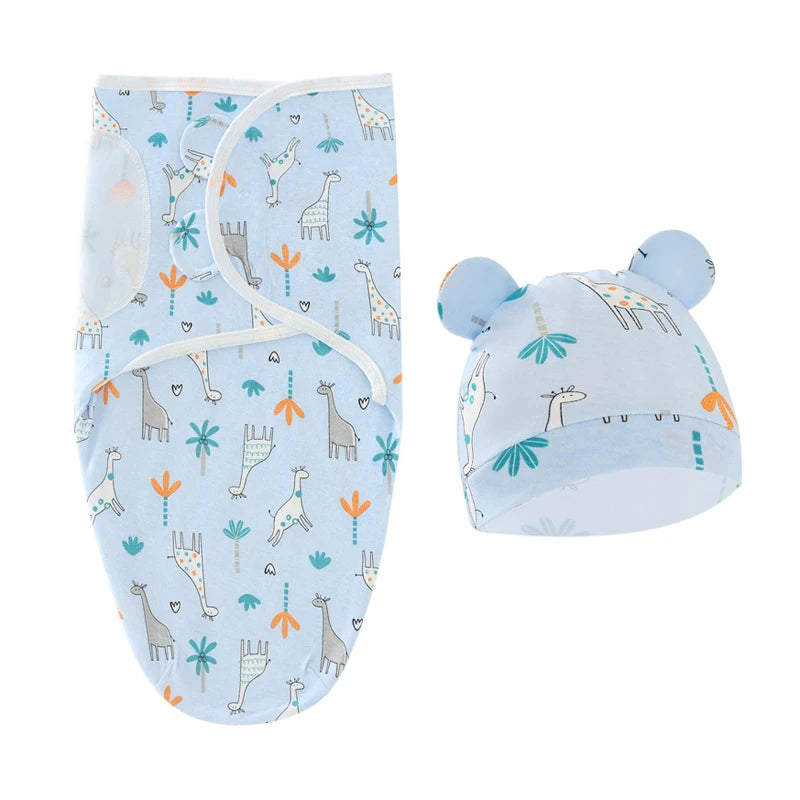 Muslin Newborn Sleeping Bag Hat Set Cotton Baby Swaddle Blanket Wrap Adjustable New Born Sleep Sack Infant Sleepwear 0-6M
